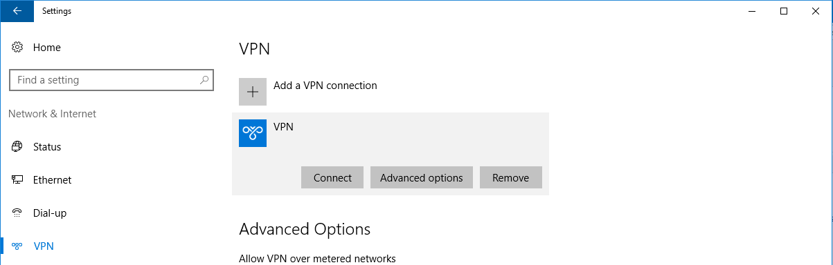 VPN settings on Windows 10